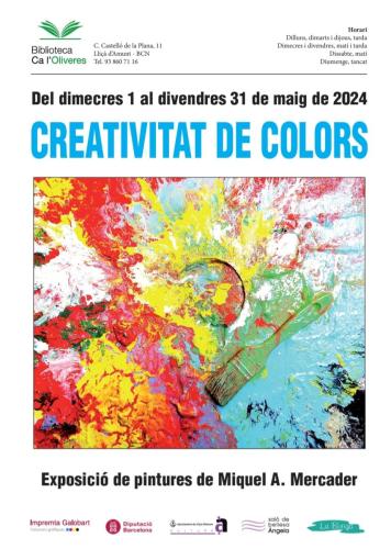 Cartell Exposició de pintures Creativitat de Colors a la Biblioteca de Ca l'Oliveres.